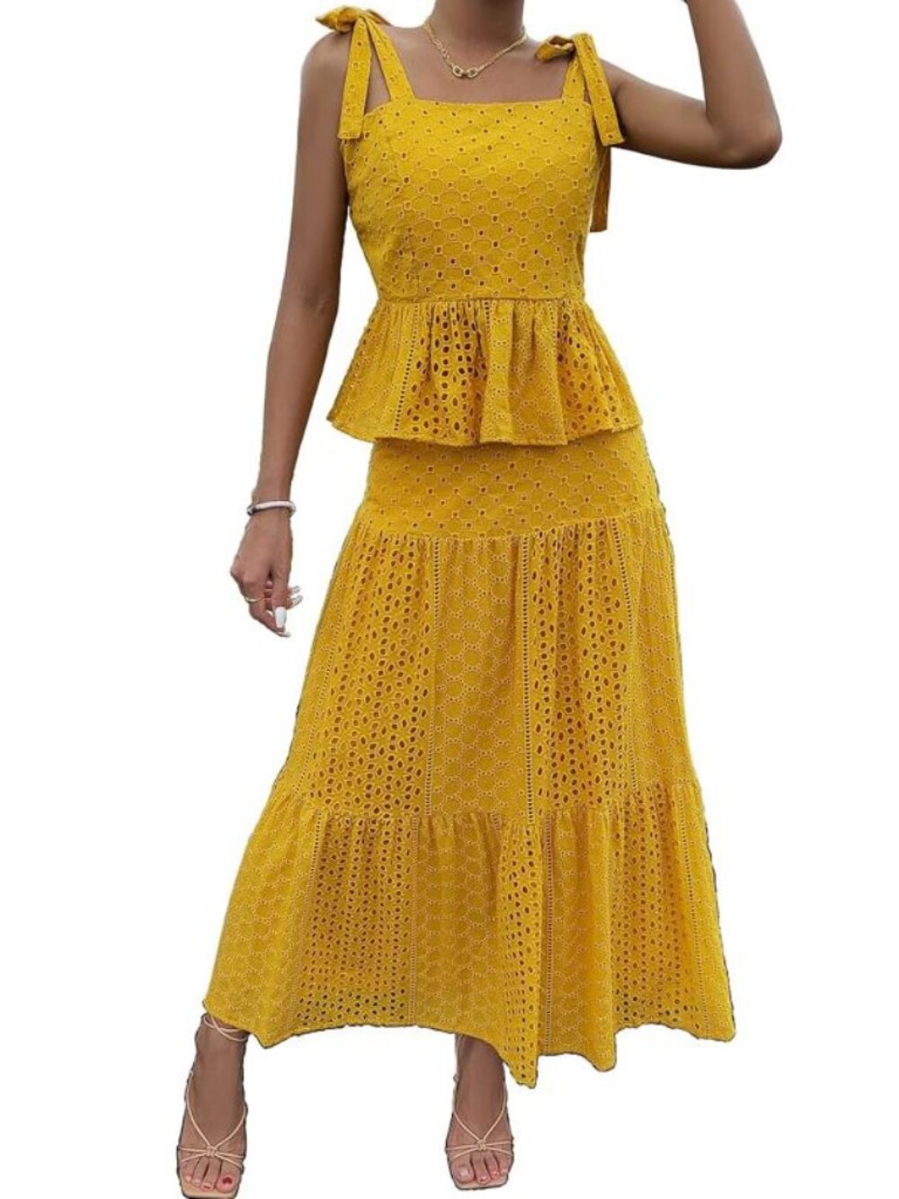 House of Harlow 1960 Mustard Eyelet Peplum Top and Maxi Skirt Set